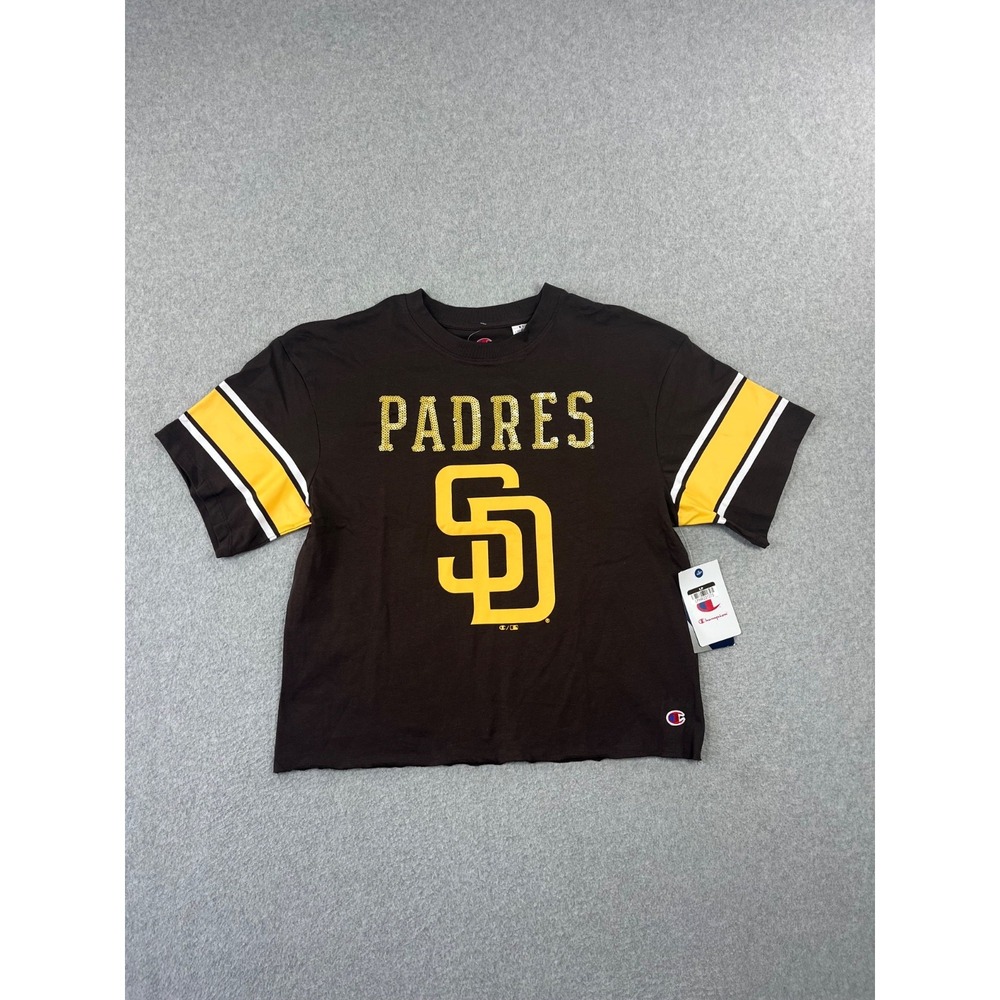 San Deigo Padres Cropped Shirt Womens S Brown Sequined Short Sleeve Champion